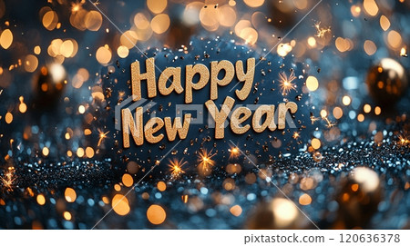 "Happy New Year" lettering and copy space to celebrate the New Year 120636378