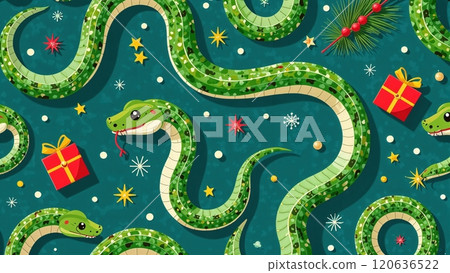Seamless Pattern of green snakes, red gifts and yellow garlands on a blue background. Festive pattern for textiles,Christmas designs. 120636522