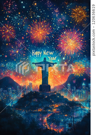 New Year celebration with fireworks and silhouette of Christ the Redeemer 120636619
