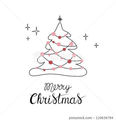 Christmas greeting card with "Merry Christmas" handwritten lettering and Christmas tree on a white background. Simple design for print, social media and more 120636794