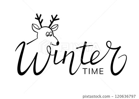 "Winter time" handwritten lettering with Christmas deer. Isolated text on white for design postcard, poster, banner "Winter time" handwritten lettering with Christmas deer. Isolated text on white for design postcard, poster, banner 120636797