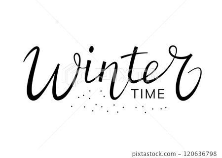 "Winter time" handwritten lettering with dots. Isolated text on white for design postcard, poster, banner "Winter time" handwritten lettering with dots. Isolated text on white for design postcard, poster, banner 120636798