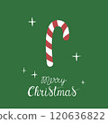 Christmas greeting card with "Merry Christmas" handwritten lettering and christmas candy cane on a green background. Simple design for print, social media and more 120636822