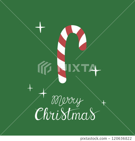 Christmas greeting card with "Merry Christmas" handwritten lettering and christmas candy cane on a green background. Simple design for print, social media and more 120636822