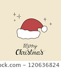 Christmas greeting card with "Merry Christmas" handwritten lettering and Santa hat on a beige background. Simple design for print, social media and more 120636824