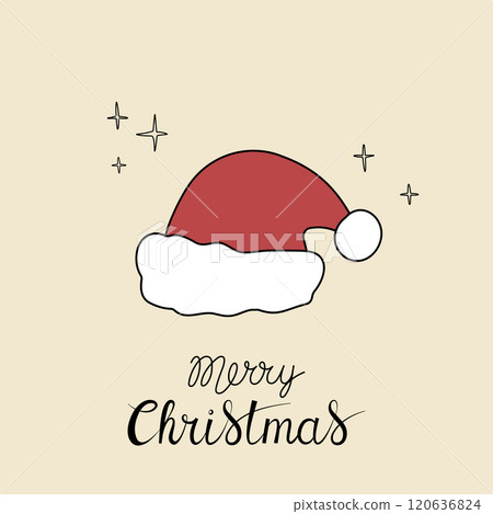 Christmas greeting card with "Merry Christmas" handwritten lettering and Santa hat on a beige background. Simple design for print, social media and more 120636824