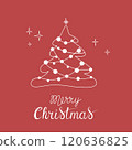 Christmas greeting card with "Merry Christmas" handwritten lettering and Christmas tree on a red background. Simple design for print, social media and more 120636825