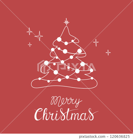 Christmas greeting card with "Merry Christmas" handwritten lettering and Christmas tree on a red background. Simple design for print, social media and more Christmas greeting card with "Merry Christmas" handwritten lettering and Christmas tree on a red background. Simple design for print, social media and more 120636825