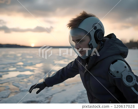 A male android exploring the frozen ocean at dusk 120637028