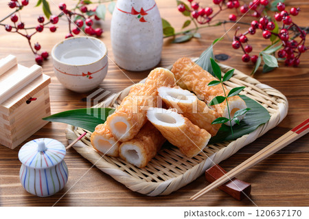 Traditional taste with a chewy texture! Chikuwa with conger eel (wood grain background) 120637170