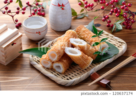 Traditional taste with a chewy texture! Chikuwa with conger eel (wood grain background) 120637174
