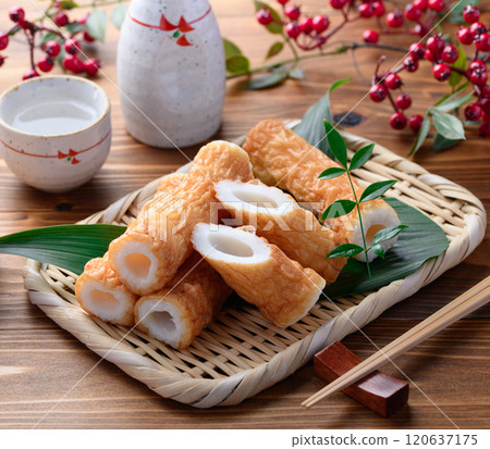 Traditional taste with a chewy texture! Chikuwa with conger eel (wood grain background) 120637175