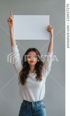 Young woman holding blank sign above her head 120637270