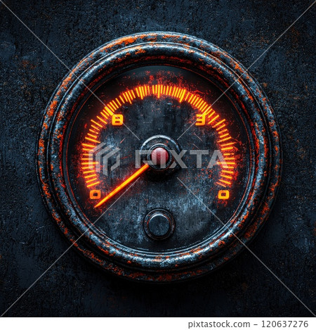 Vintage gauge with illuminated orange markings and aged texture 120637276