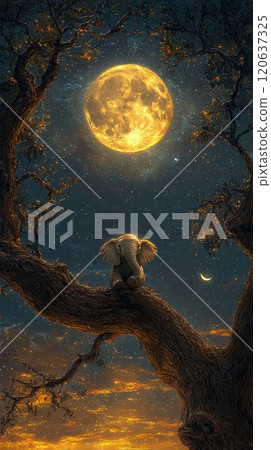 Elephant Sitting on Tree Under Moonlit Sky, Dreamy Scene Elephant Sitting on Tree Under Moonlit Sky, Dreamy Scene 120637325
