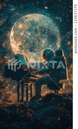 Astronaut playing piano under moonlit sky in space 120637376