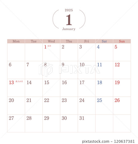 2025 年簡單日曆資料/從週一/一月開始 120637381