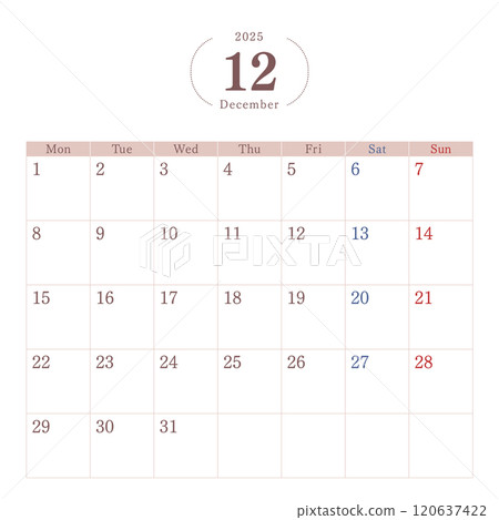 Simple calendar material for 2025/Monday start/December Simple calendar material for 2025/Monday start/December 120637422