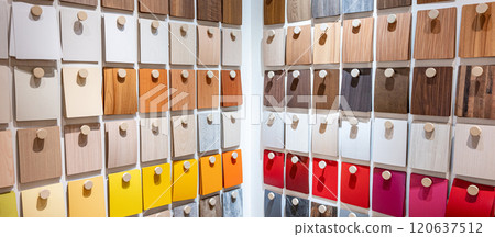 Colorful wooden laminate samples collection in material library 120637512