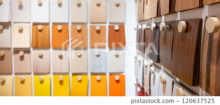 Colorful wooden laminate samples collection in material library 120637525