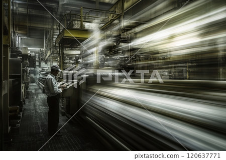 A man is standing in a factory with a blurry background 120637771