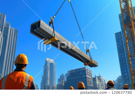 A group of construction workers are working on a building in a city 120637780