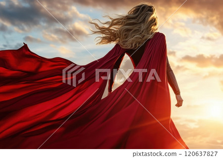 A woman in a red cape stands in front of a sunset 120637827