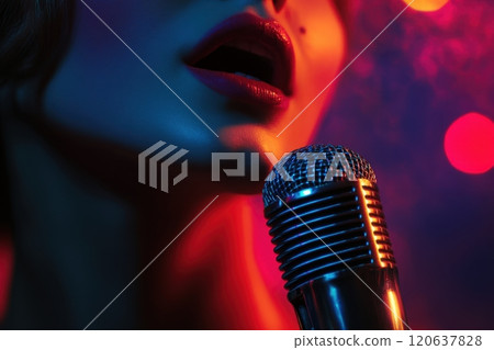 A woman is singing into a microphone A woman is singing into a microphone 120637828