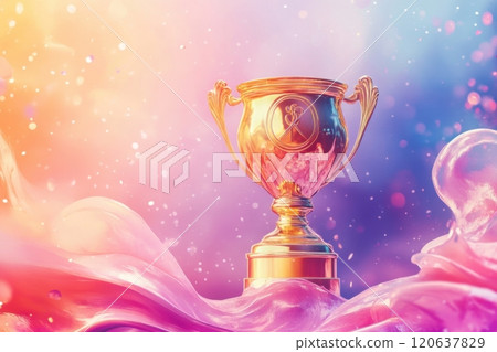 A gold cup with the letter R on it sits on a pink background 120637829