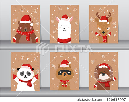 Set of cute Merry christmas background with cute animal,Lovely cartoon background with holiday symbols,Vector illustrations. Set of cute Merry christmas background with cute animal,Lovely cartoon background with holiday symbols,Vector illustrations. 120637997