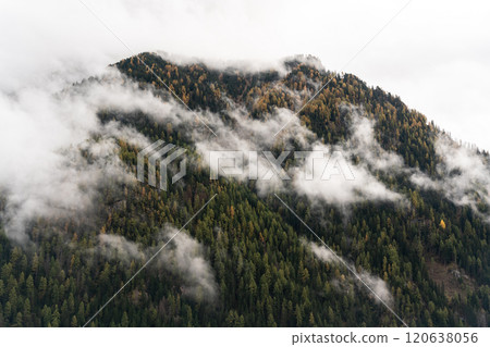 Low clouds in front of an autumn forested peak Low clouds in front of an autumn forested peak 120638056