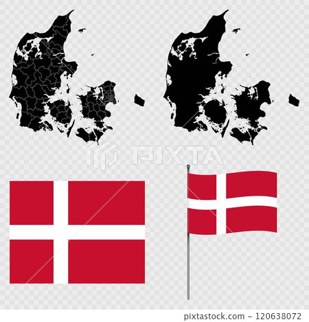 Set of map and map with province, flag and flagpole of Denmark. Vector illustration. Set of map and map with province, flag and flagpole of Denmark. Vector illustration. 120638072