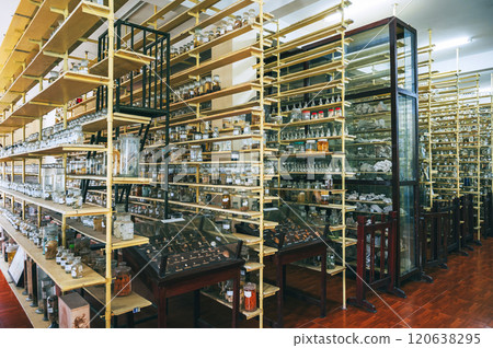 flasks test tubes with animal and virus samples on shelves in secret biochemical laboratory in Asia 120638295