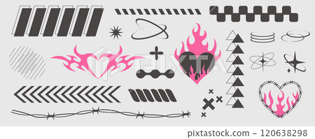 Y2k geometric elements border set, heart with flame, barbed wire, grid pattern. Groovy cyber retro design elements.  120638298