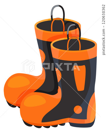 Two orange and black rain boots with orange straps 120638362