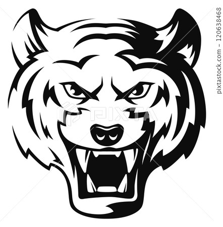 A black and white drawing of a wolf with its mouth open and teeth bared 120638468