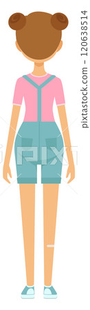 A girl in a pink shirt and blue overalls 120638514