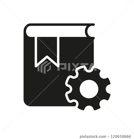 Book and Gear Silhouette Icon for Settings and Support Guide. Manual and Configuration Glyph Symbol with Gear for Technical Support. Isolated Vector Illustration 120638666