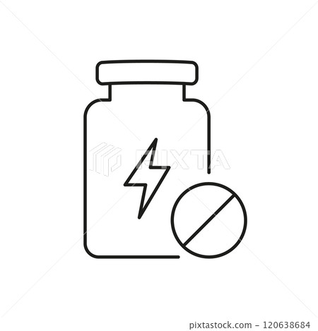 Bottle with Lightning Bolt and Pill Line Icon. Energy Supplements to Boost Energy Levels. Vitality and Stamina. Isolated Vector Illustration Bottle with Lightning Bolt and Pill Line Icon. Energy Supplements to Boost Energy Levels. Vitality and Stamina. Isolated Vector Illustration 120638684