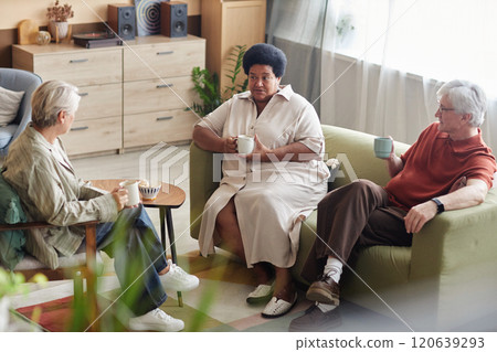High angle view at group of three senior people enjoying conversation at home relaxing in comfortable living room together High angle view at group of three senior people enjoying conversation at home relaxing in comfortable living room together 120639293