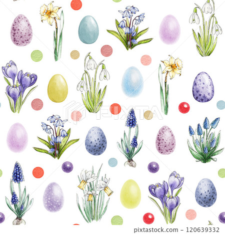 Easter mood festive seamless pattern with spring primrose flowers and painted eggs in tender colors on white background. Perfect for Easter spring decor, backgrounds, gift wrap, holiday projects 120639332