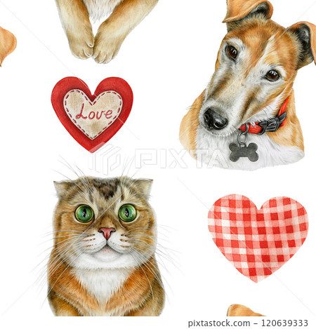 Hand-painted seamless pattern with realistic, detailed portraits of cats, dogs and cute red hearts on a white background. Perfect for pet products, vet clinics, packaging and animal-themed designs 120639333