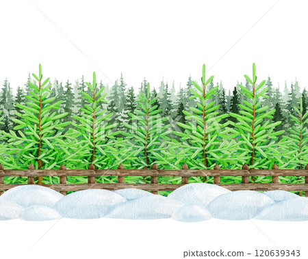 Winter season conifer forest, rustic fence and snow piles seamless border on white background. Hand-painted vintage style illustration. Perfect for holiday designs, cards, and festive decorations 120639343