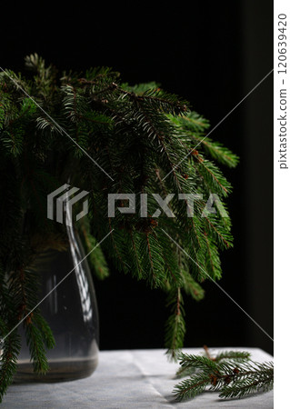 A transparent vase with green fluffy branches of a Christmas tree stands on the table A transparent vase with green fluffy branches of a Christmas tree stands on the table 120639420
