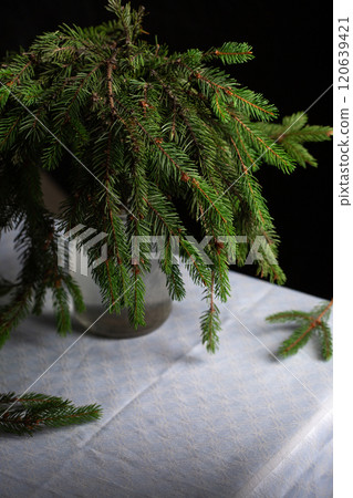 A transparent vase with green fluffy branches of a Christmas tree stands on the table 120639421