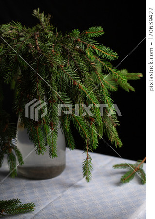A transparent vase with green fluffy branches of a Christmas tree stands on the table 120639422
