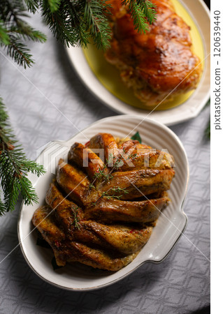 Baked chicken fillet on the bone, an alternative to holiday turkey for the holidays 120639440