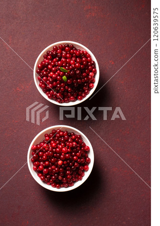 Two bowls of red lingonberries are placed on burgundy background. Top view 120639575