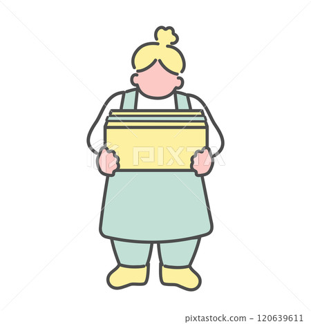 Simple line drawing of a woman holding an unopened cardboard box illustration 120639611