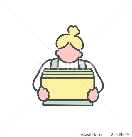 Simple line drawing of a woman holding an unopened cardboard box illustration 120639619